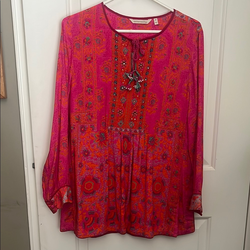 Hot Pink, Orange and turquoise Graphic Tunic with tie tassels.